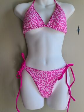 Hot Pink Cheetah Print String Bikini Set - Size Large